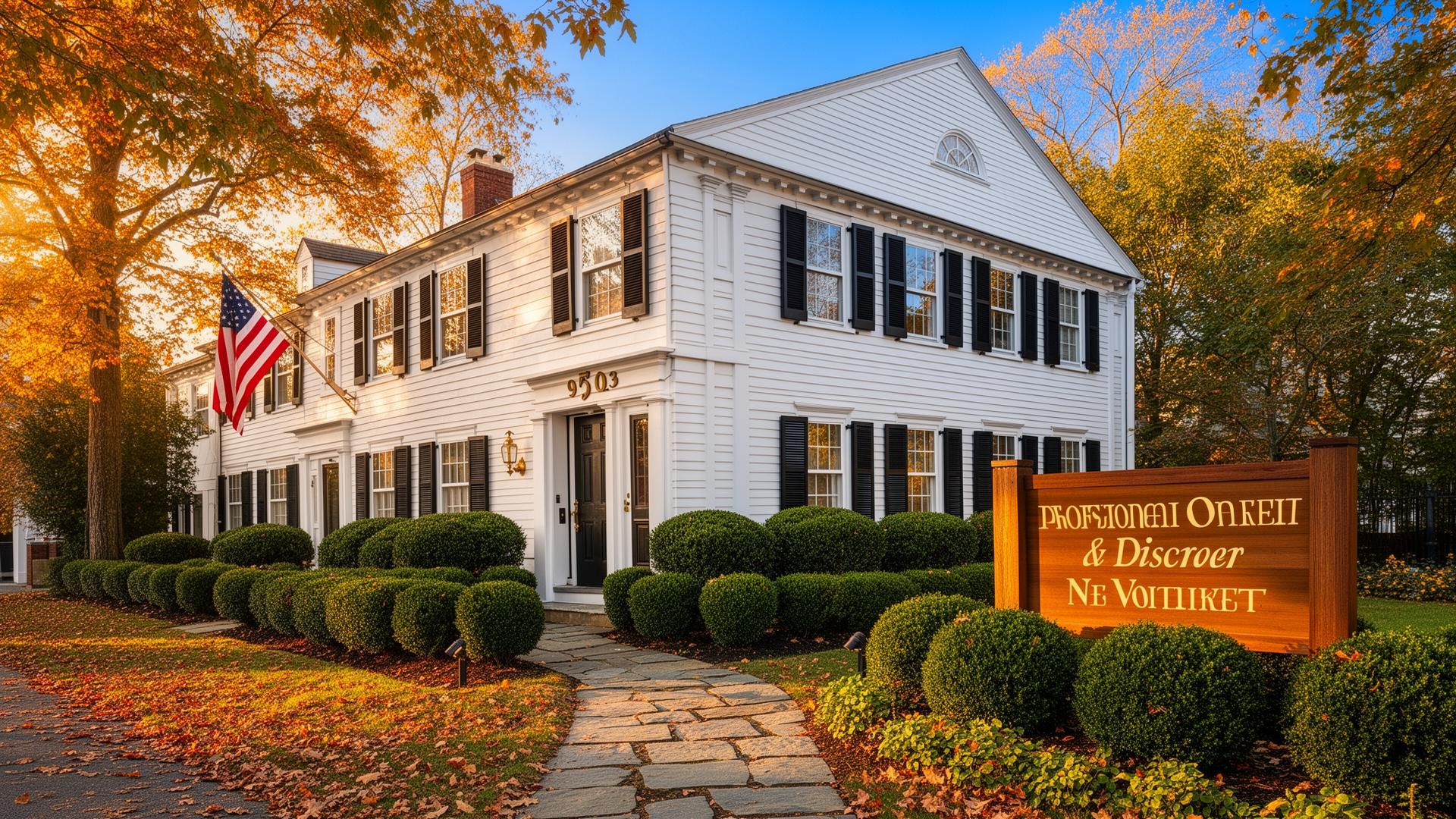 A traditional New England office building on a tree-lined Newtown street