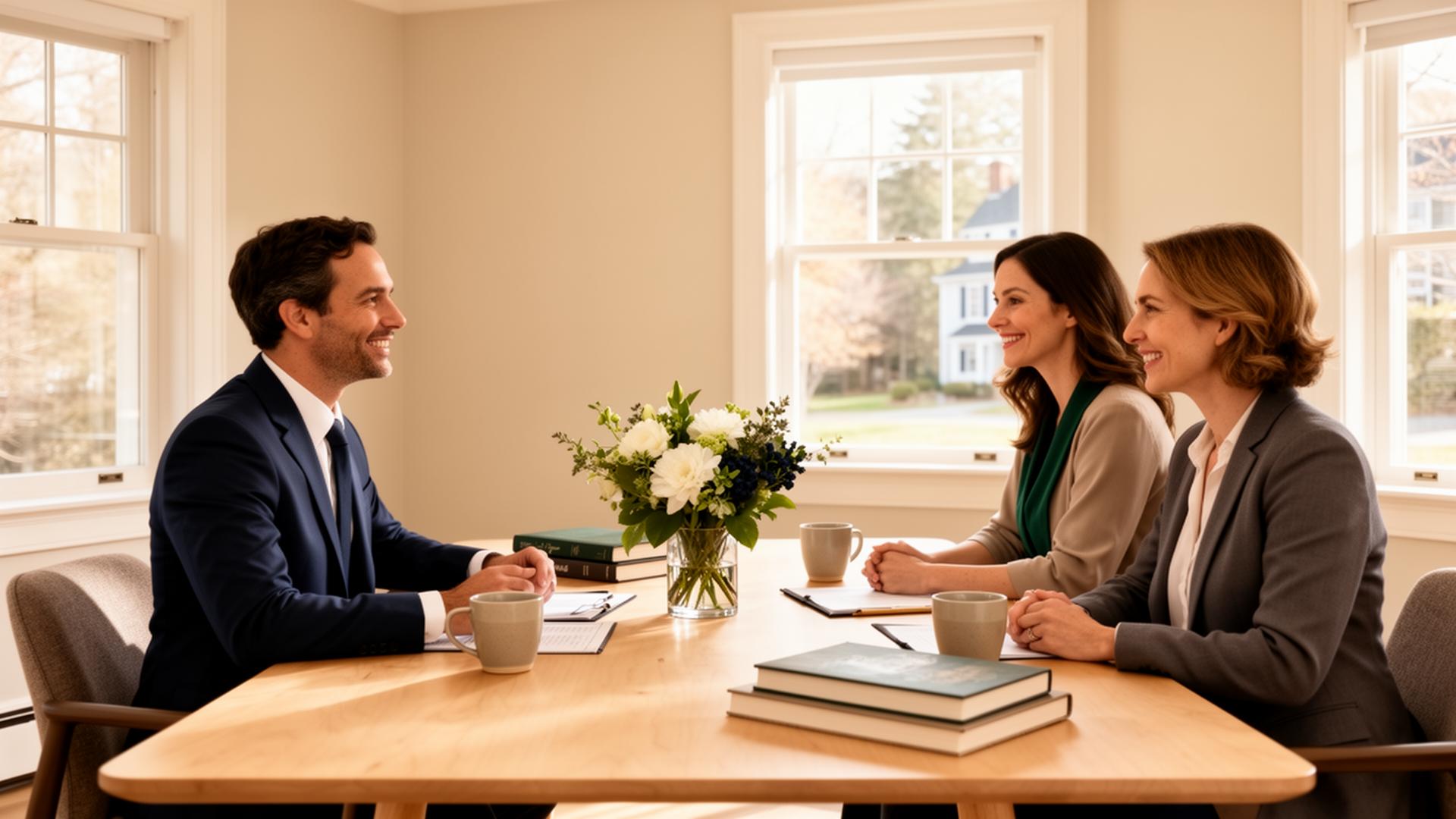Partners meeting with clients in a warm New England office