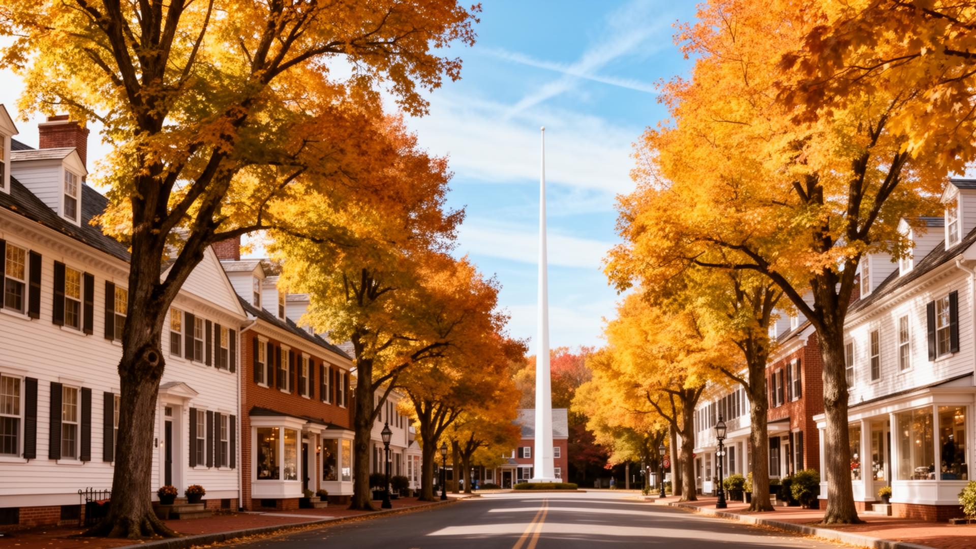 Historic Main Street in Newtown, Connecticut on an autumn morning